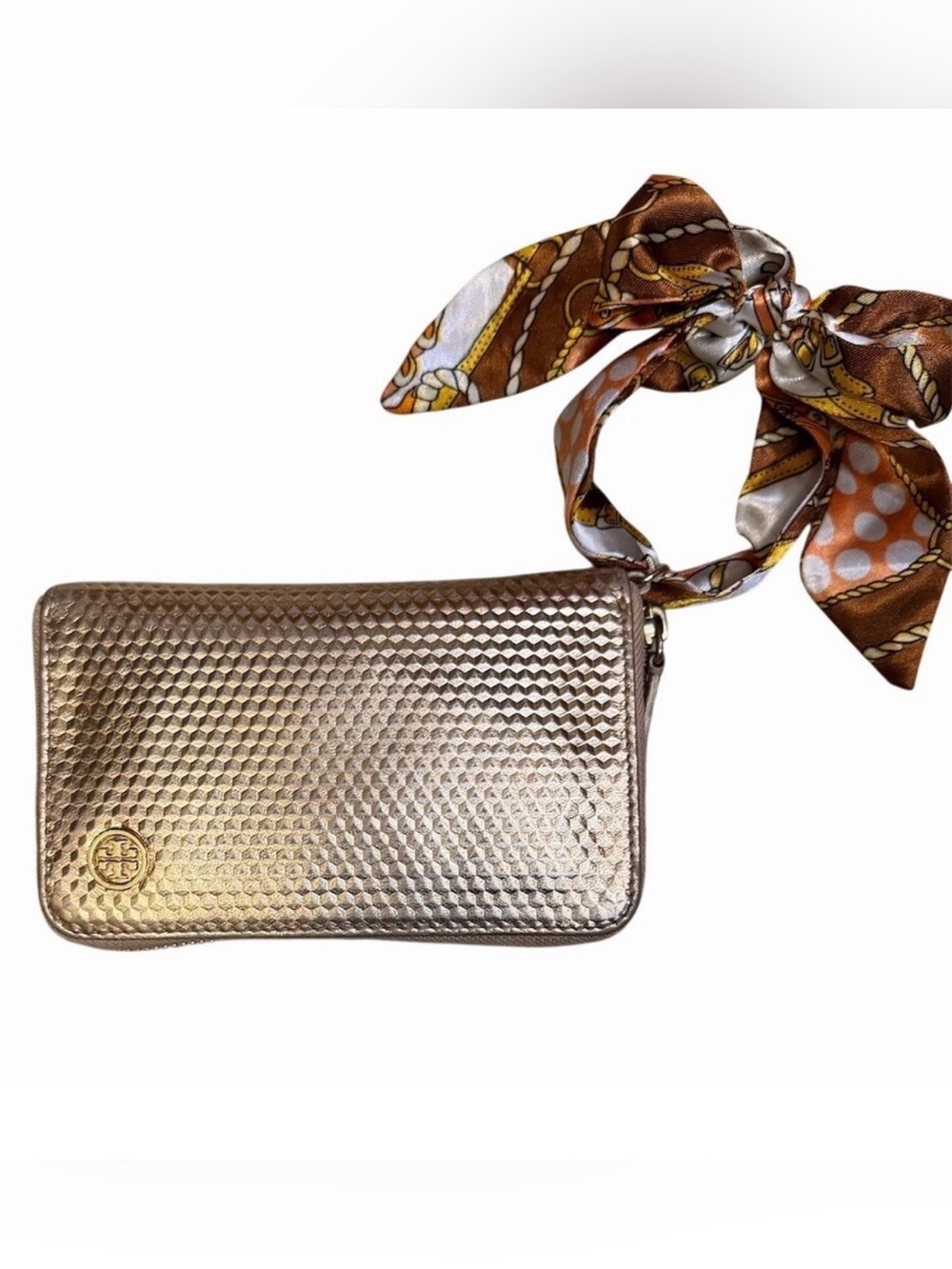 Tory Burch Wallet Wristlet Rose Gold Zip-Around With Non Branded Scarf Bow Strap